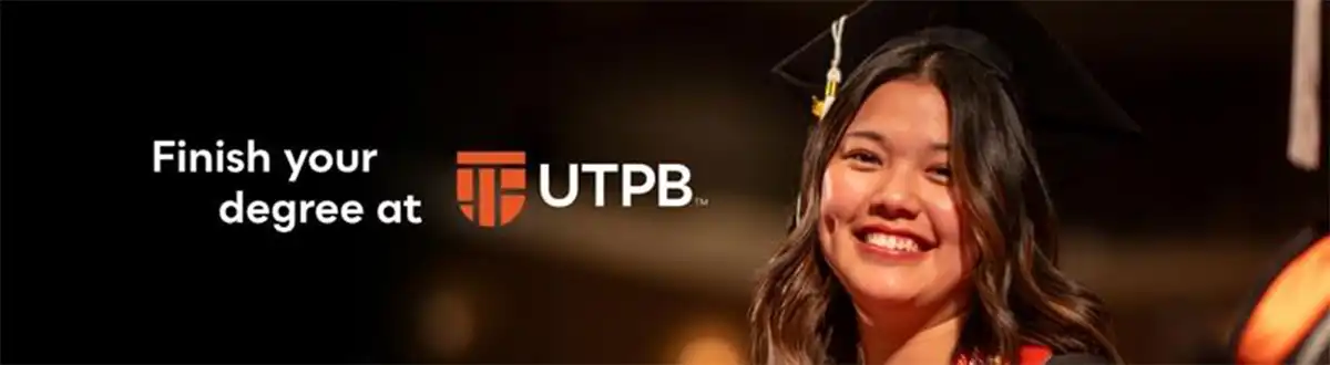 brown haired woman in her cap and gown at graduation; Finish Your Degree at UTPB