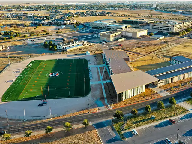 Stadium on campus and the Kirk Building